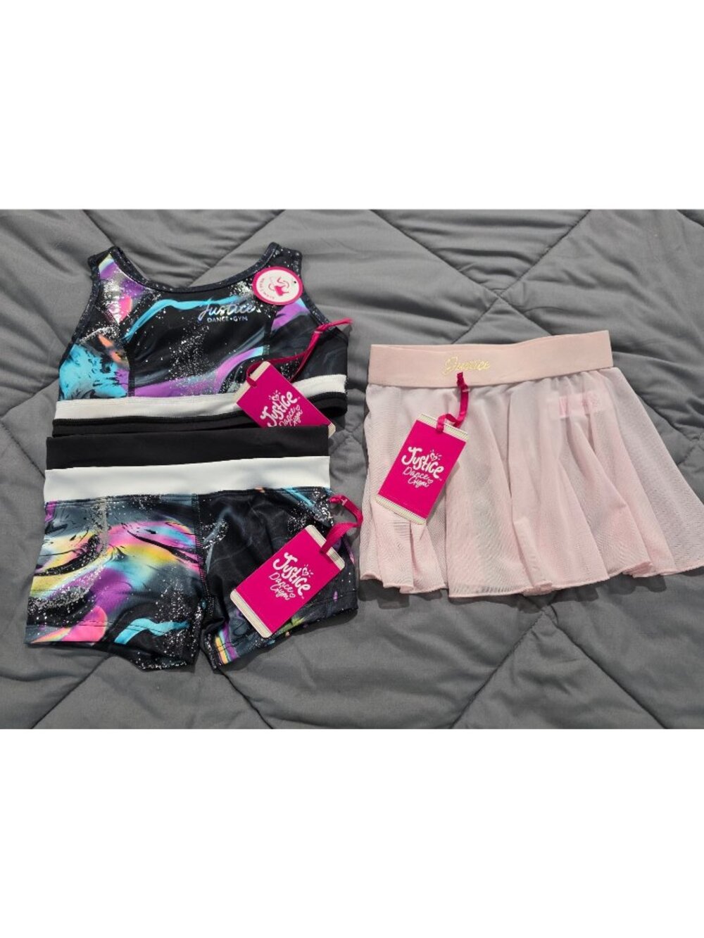 NWT Justice Dance Gym 3 Piece Set Girls XS 5/6 Sports Bra Shorts Skirt